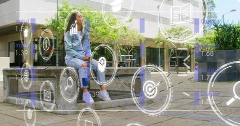 Student sitting on campus bench holding smartphone with augmented reality data overlays