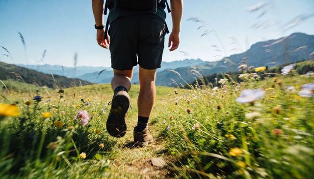 Low-angle hiker walking narrow alpine trail through wildflower meadow toward distant mountain peaks