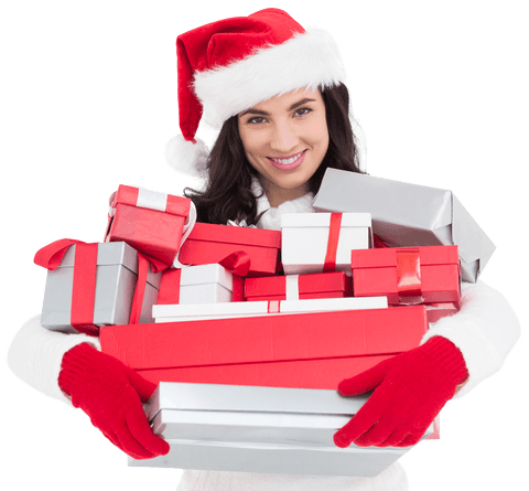 Festive Joyful Woman Carrying Christmas Gifts on Transparent Background