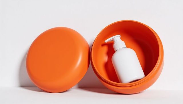 Matte orange round container revealing white pump bottle for skincare packaging display