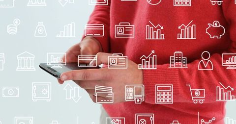 Holding smartphone, tapping screen with fintech icons overlay for mobile banking payments