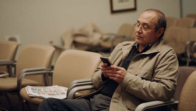 Senior man sitting in waiting room holding smartphone and reading newspaper, calm moment
