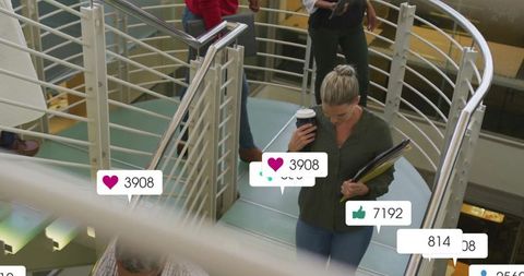 Businesswoman Networking in Corporate Environment with Social Engagement Icons