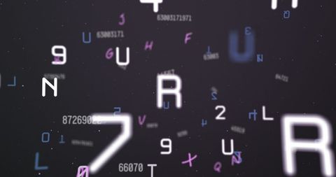 Floating digital letters and numbers on black background