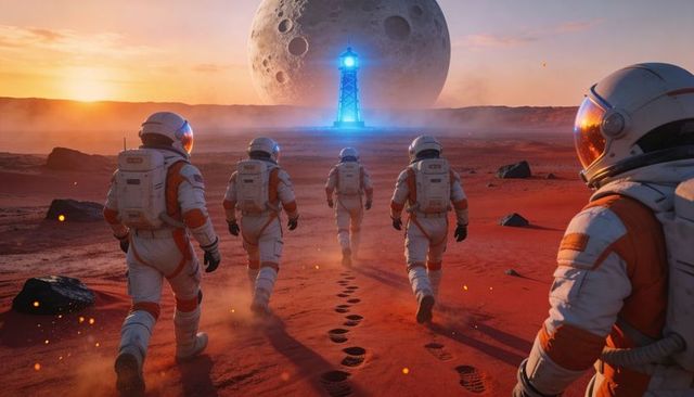 Astronauts Walking Toward Blue Beacon on Red Planet at Sunset with Massive Moon Overhead