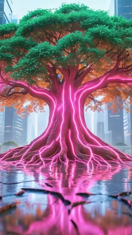Pulsing bioluminescent tree glowing with neon roots in reflective futuristic city plaza