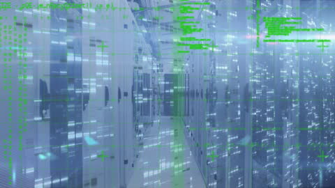 Visual highlights digital data processing in a secure server environment. Suitable for illustrating technological concepts such as data security, global computing, and advancement in information technology. Use in materials about cybersecurity, cloud computing infrastructure, and data management.