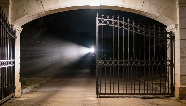 Ornate wrought-iron gate under stone archway with headlights illuminating driveway at night