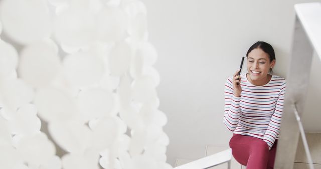 Happy Young Woman Talking on Phone at Home - Download Free Stock Images Pikwizard.com