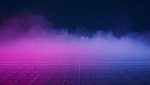 Neon synthwave tiled grid with magenta fog, reflective metallic seams and cinematic horizon