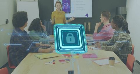 Team collaborating on cybersecurity presentation with holographic padlock visualization
