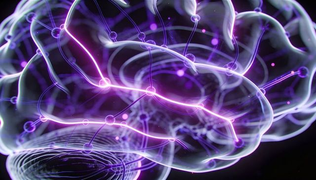 Glowing neural network brain pulsing with neon filaments and futuristic digital synapses