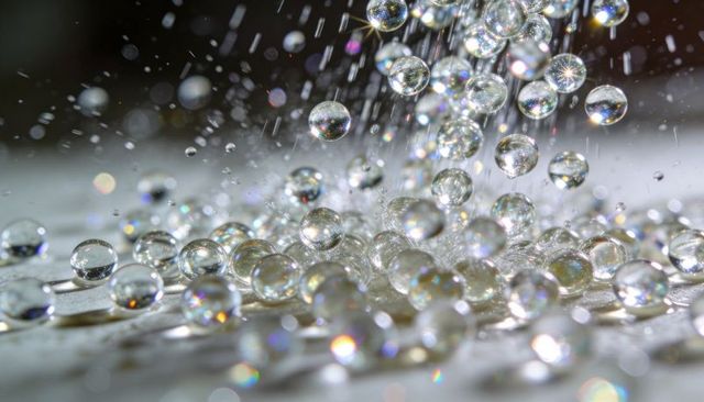 Glittering glass spheres scattering light rainbow flares bokeh macro abstract background