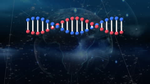 Rotating DNA Strand Over Globe Background