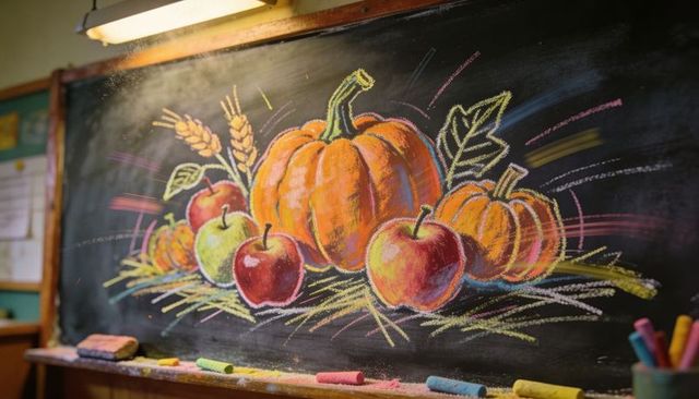 Chalkboard chalk art autumn harvest pumpkins apples wheat classroom seasonal display