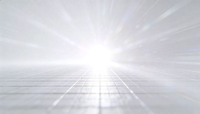 Emitting white radiance across reflective tiled grid horizon with lens flare