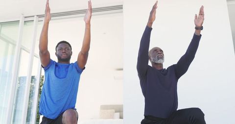 African American Men Practicing Lunges Indoors with Fitness Watches