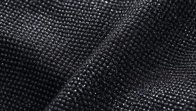 Draping microbeaded black fabric catching metallic highlights, macro textured beads