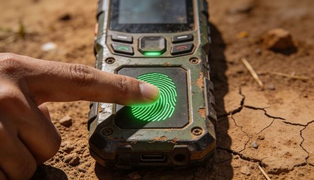Pressing rugged smartphone fingerprint scanner on cracked dry earth for biometric access