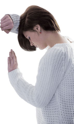 Transparent sad woman leaning against wall