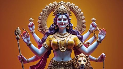 Crowned eight-armed goddess statue on lion with ritual objects