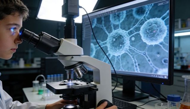 Young student examining cells through microscope in lab, advancing stem research and education
