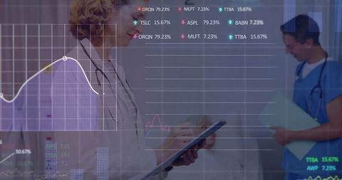 Doctor using tablet with healthcare data dashboard overlay and teamwork in hospital corridor