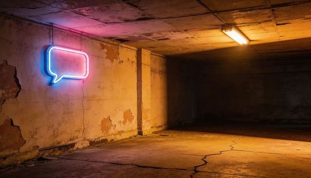 Neon speech bubble casting blue pink glow on grimy concrete basement wall, abandoned underground