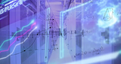 Mathematical Equations Overlaid on Server Room for Data Processing Concept