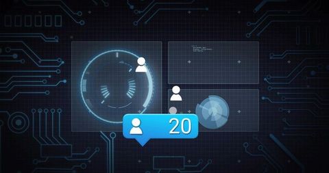Displaying user notification 20 on futuristic cyber HUD dashboard with neon rings