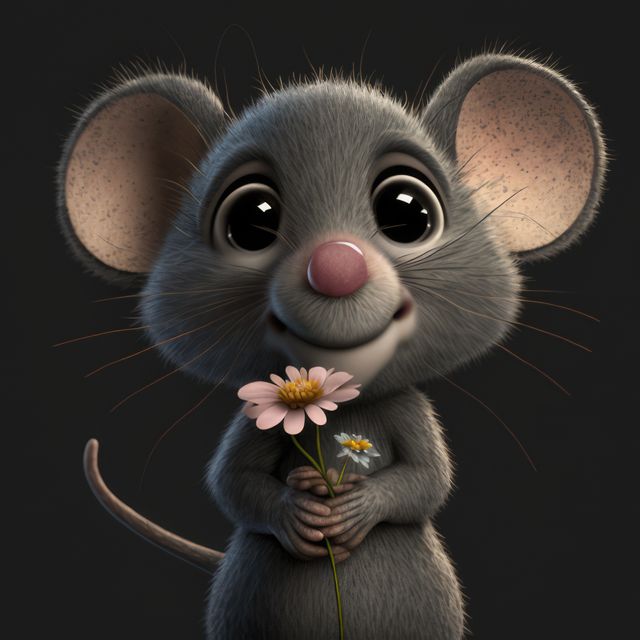 This adorable image depicts a wide-eyed cartoon mouse holding flowers against a dark background, evoking joy and delight. Ideal for children's books, illustrations, greeting cards, or digital storytelling content for a lighthearted and joyful theme.