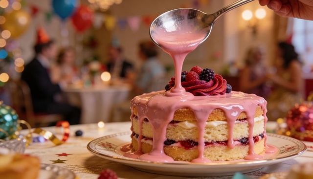 Pouring pink glaze over layered sponge cake with fresh berries, festive party dessert