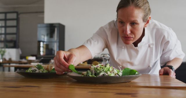 Professional chef diligently garnishing an elegant dish in a stylish restaurant kitchen. Ideal for use in content related to culinary arts, professional cooking, gourmet food preparation, and high-end dining experiences. Can be used in articles, blogs, advertisements focusing on culinary training, recipes, and restaurant promotion.