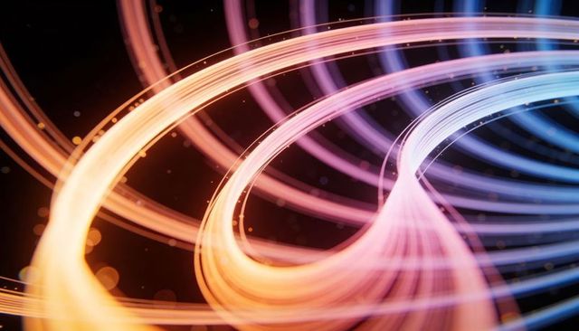 Neon light ribbons looping in spiral motion with colorful particle trails and bokeh