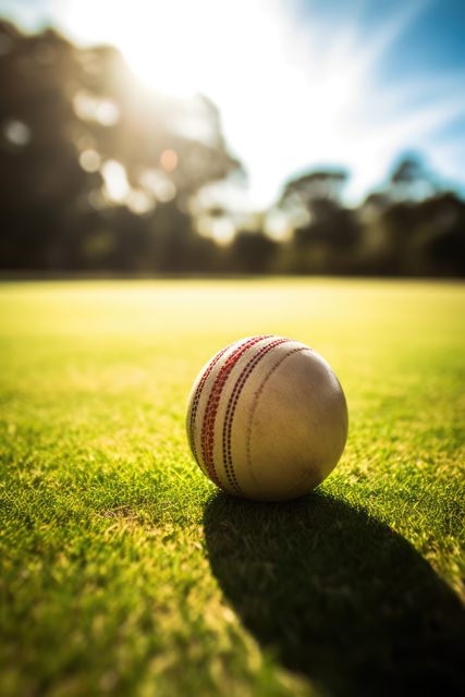 Close-up of a cricket ball resting on lush green grass, bathed in sunlight. The ball casts a shadow on the grass, hinting at an idyllic outdoor cricket game setting. Perfect for use in sports-related content, cricket promotion materials, and recreational sports articles ambulating the serene and calm atmosphere of outdoor cricket.