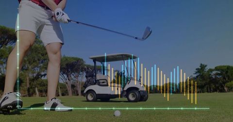 Golfer Swinging Club with Golf Cart and Data Visualization Overlay