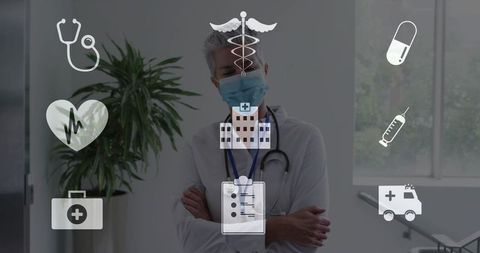 Senior female doctor standing in clinic wearing mask and stethoscope with medical icons