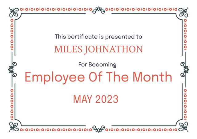Employee of the Month certificate featuring a decorative red and green border on a clear white background. Ideal for businesses aiming to recognize and encourage employee performance, this certificate template is suitable for motivational awards, corporate acknowledgments, and employee appreciation programs. Simplifies the creation of personalized awards by allowing easy modification of name and date.
