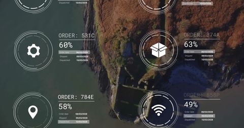 Aerial View with Digital Data Graphics and Icons Overlay