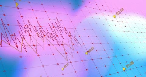 Futuristic neon data visualization grid with jagged red line and time markers
