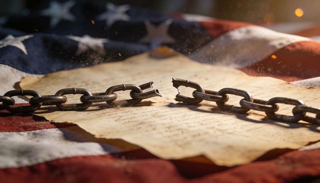 Broken chain over historic parchment on draped american flag symbolizing freedom, liberty
