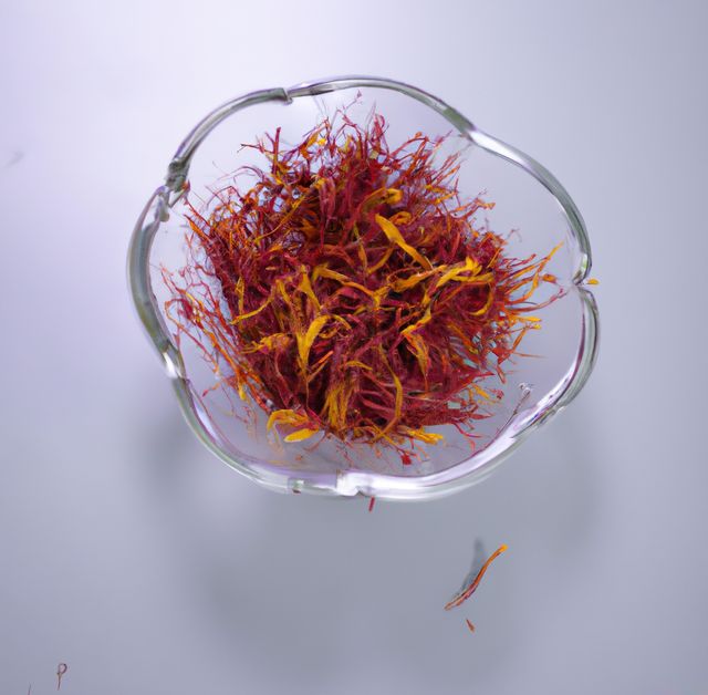 Close up of saffron in bowl created using generative ai technology. Nature, seasoning and flavour concept, digitally generated image.