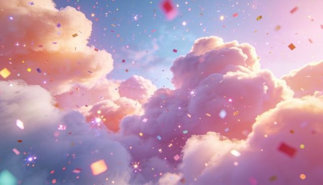 Pastel dream cloudscape with floating confetti and sparkling golden-hour light