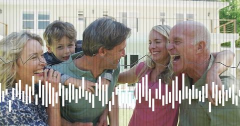 Smiling multigenerational family enjoying suburban backyard with pool and waveform overlay