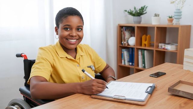Smiling woman in wheelchair writing on clipboard at bright accessible office desk