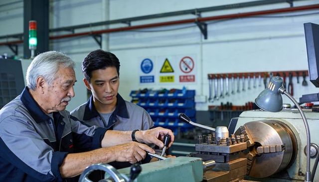 Senior machinist guiding trainee at metal lathe teaching hands-on precision machining techniques