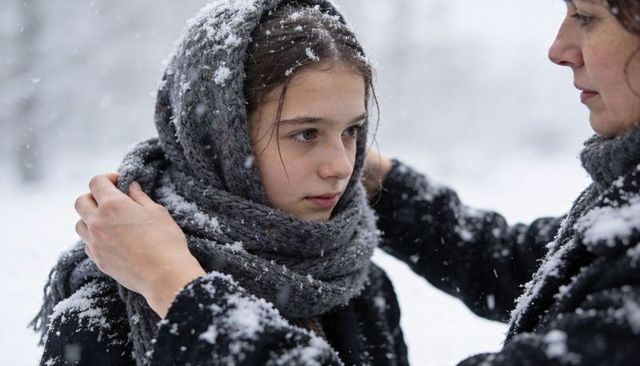 Mother adjusting gray knit scarf on teen girl in falling snow, winter family moment
