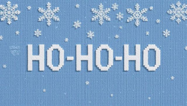 Knitted ho-ho-ho holiday sweater text on light blue knit with snowflake pattern