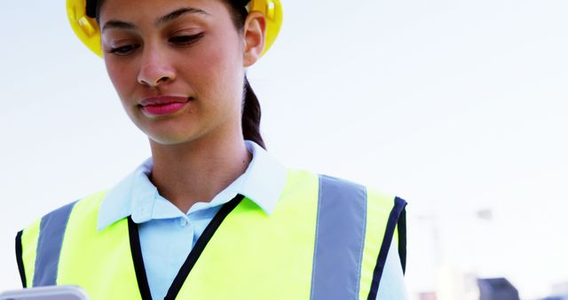 Female Architect Using Tablet at Construction Site with Copy Space - Download Free Stock Images Pikwizard.com