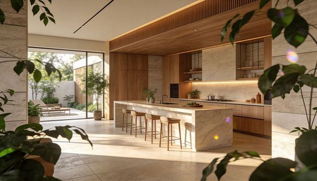 Sunlit contemporary kitchen featuring marble island with integrated sink, wood accents